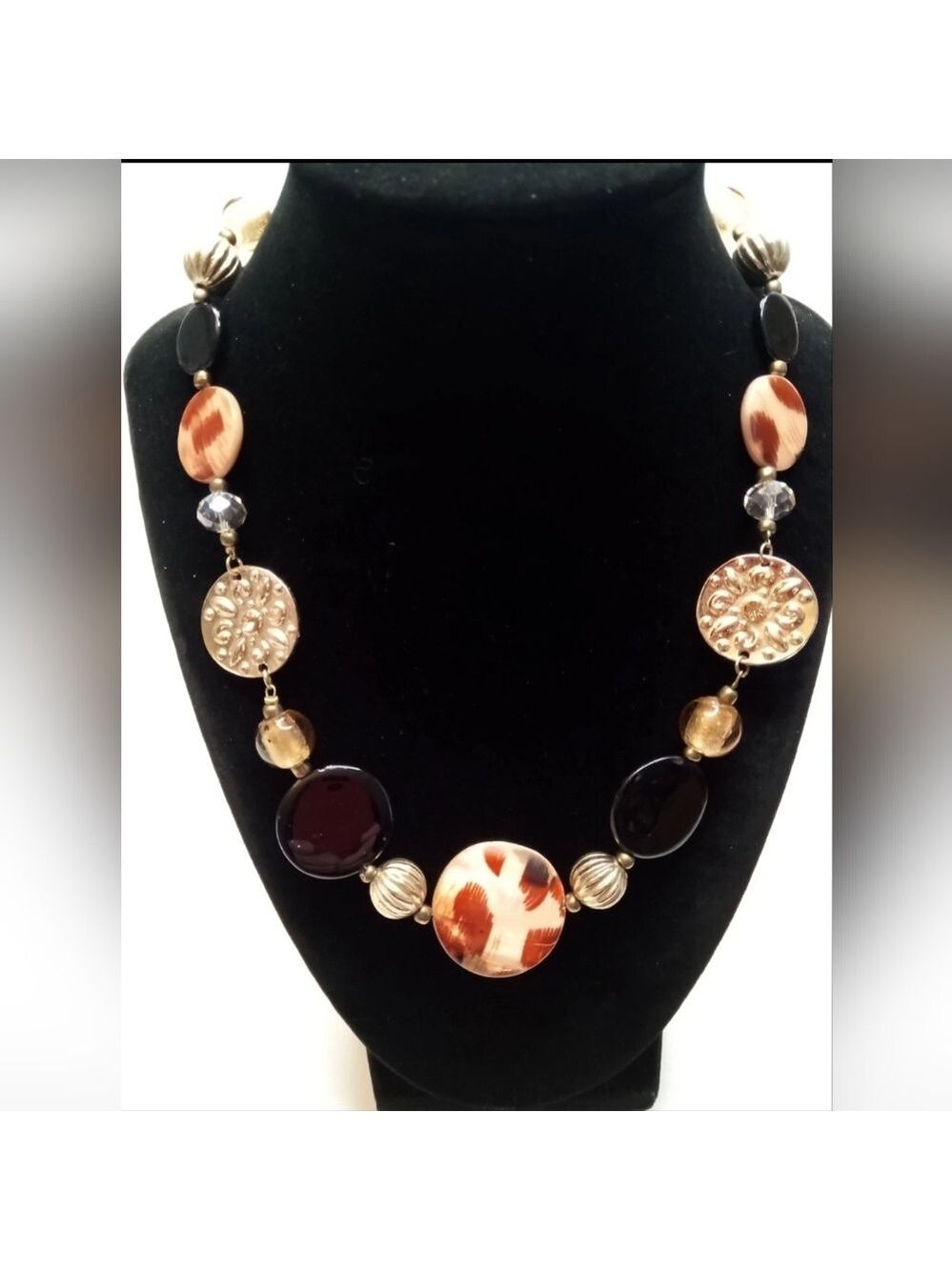 Leopard Print Black and Gold Tone Flat Circles Beaded Necklace